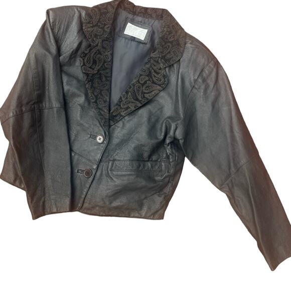 Vtg Leather Velvet Collar Cropped Jacket L Whimsigoth Moto Boho Western Edgy - Picture 1 of 7